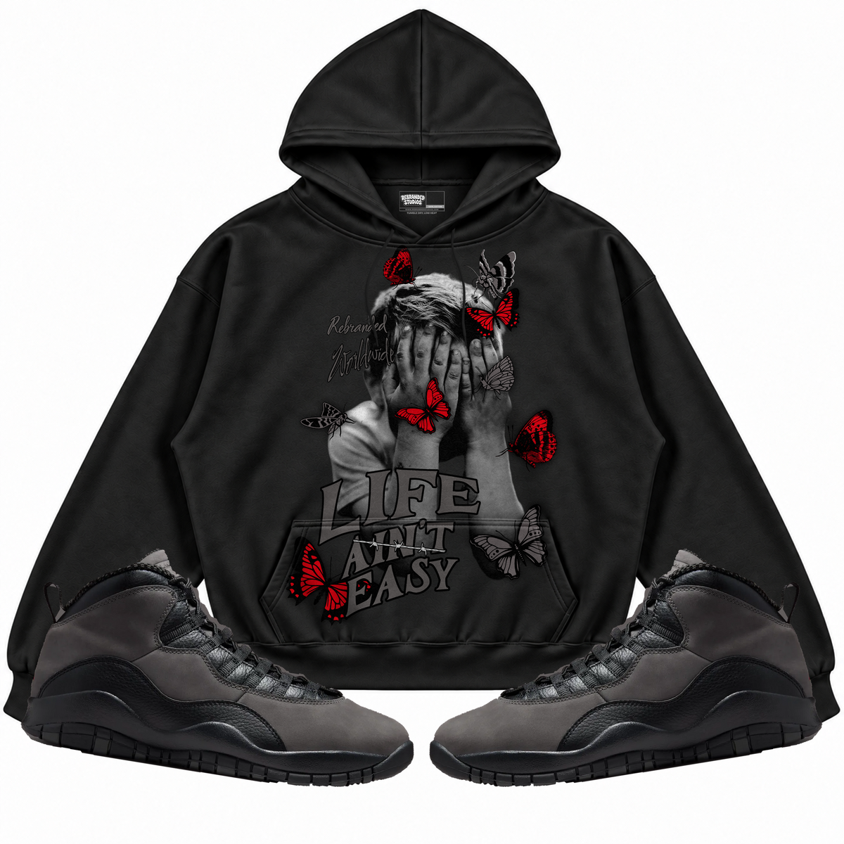 Rebranded Studios apparel — front styled with matching sneakers