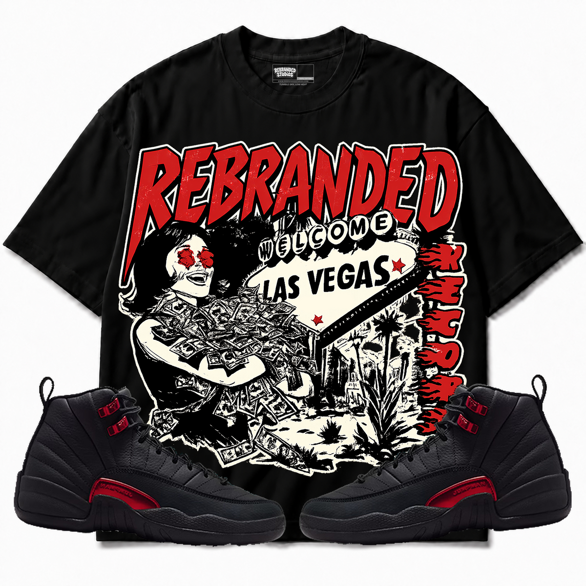 Rebranded Studios apparel — front styled with matching sneakers
