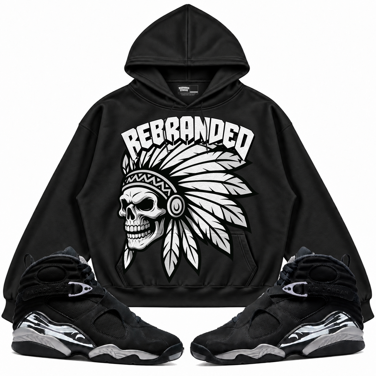 Rebranded Studios apparel — front styled with matching sneakers