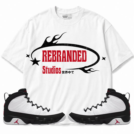 Rebranded Studios apparel — front styled with matching sneakers