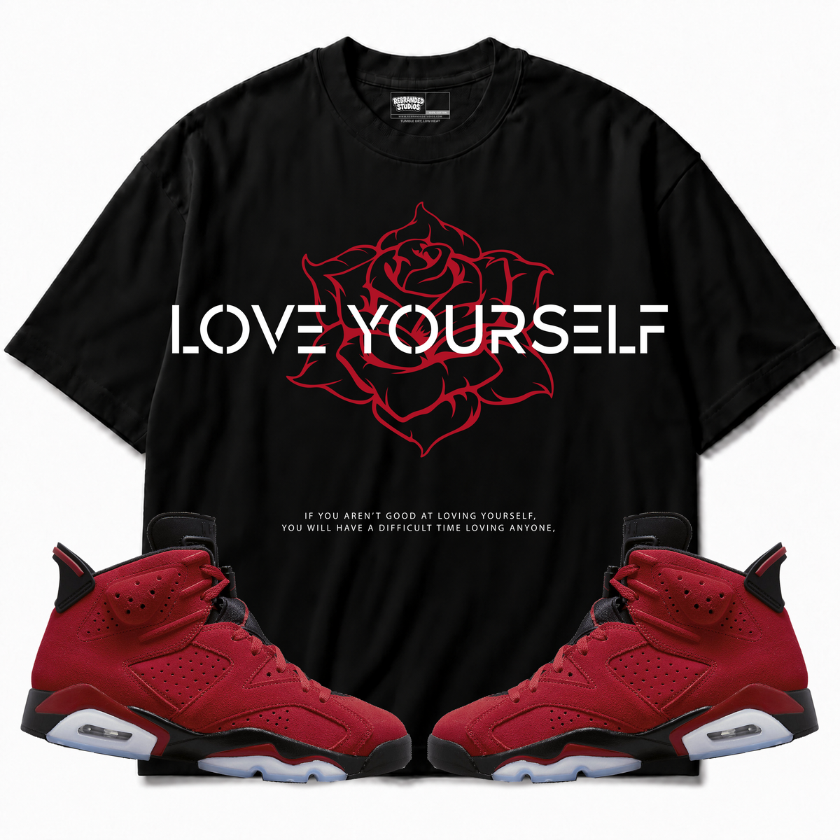 Rebranded Studios apparel — front styled with matching sneakers