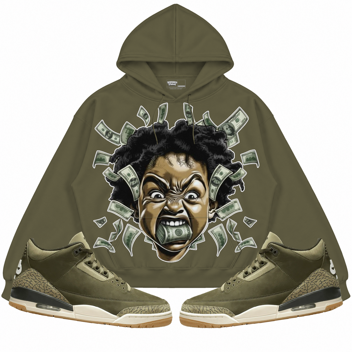 Rebranded Studios apparel — front styled with matching sneakers