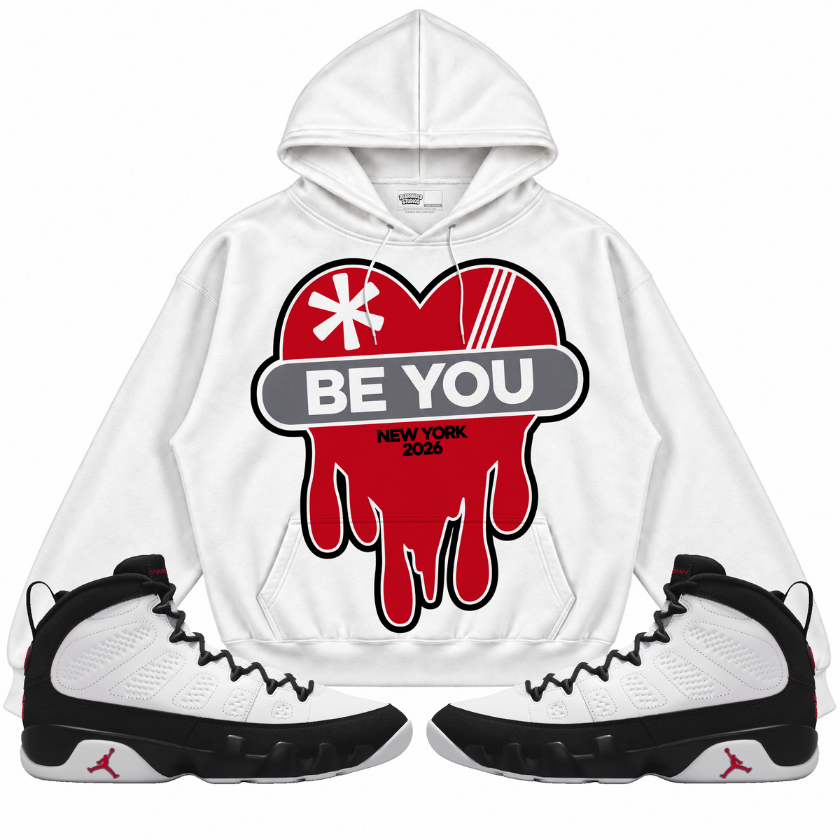 Rebranded Studios apparel — front styled with matching sneakers