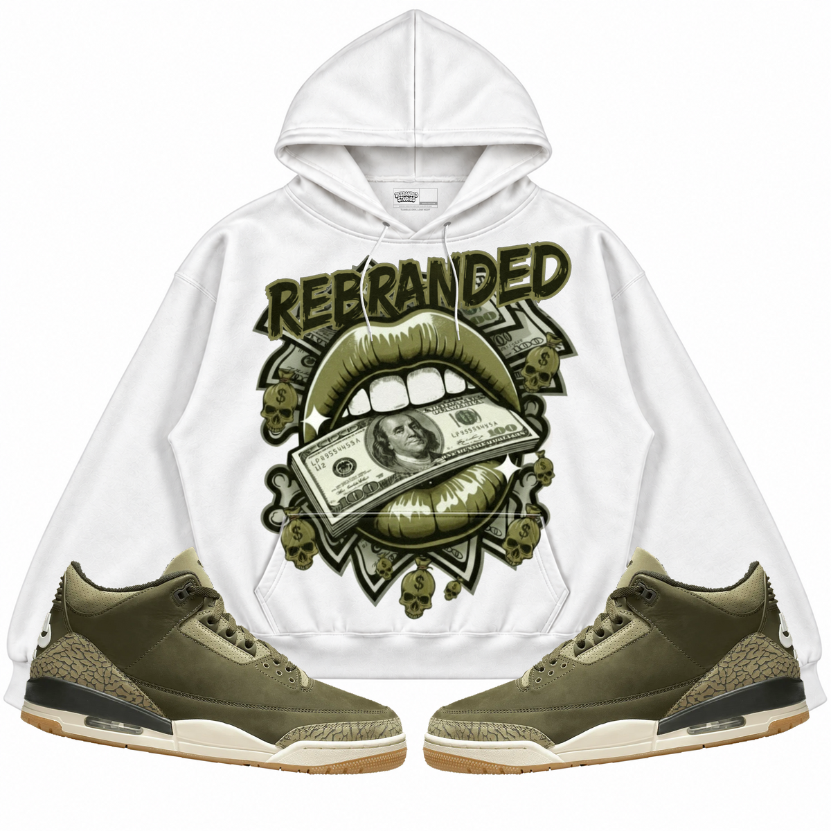 Rebranded Studios apparel — front styled with matching sneakers