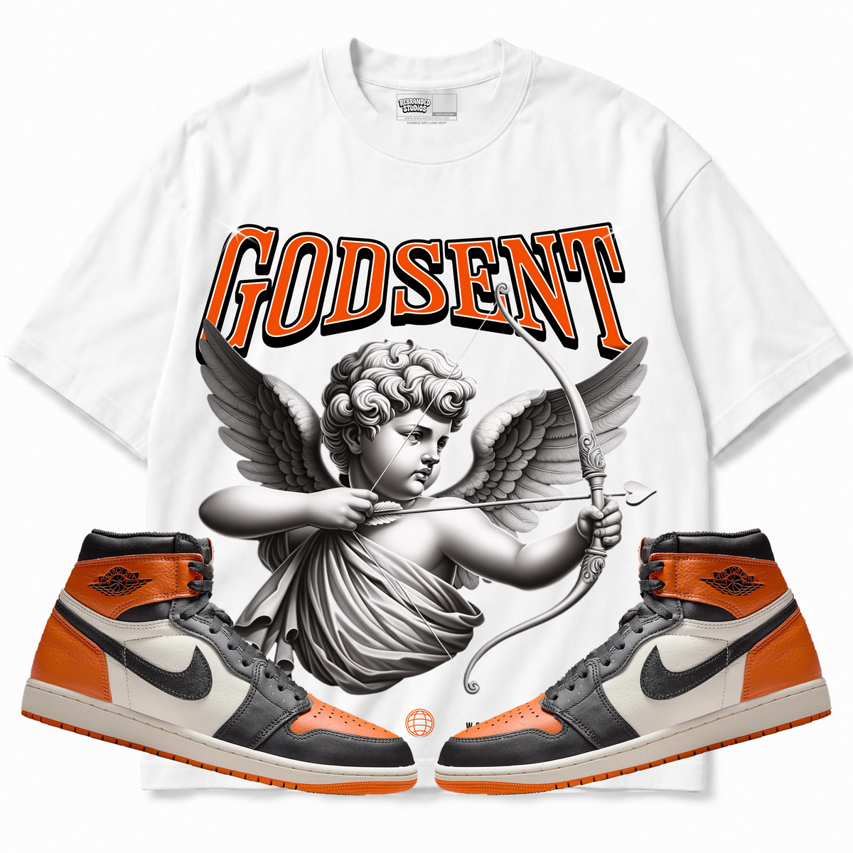 Rebranded Studios apparel — front styled with matching sneakers