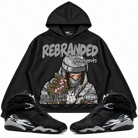 Rebranded Studios apparel — front styled with matching sneakers