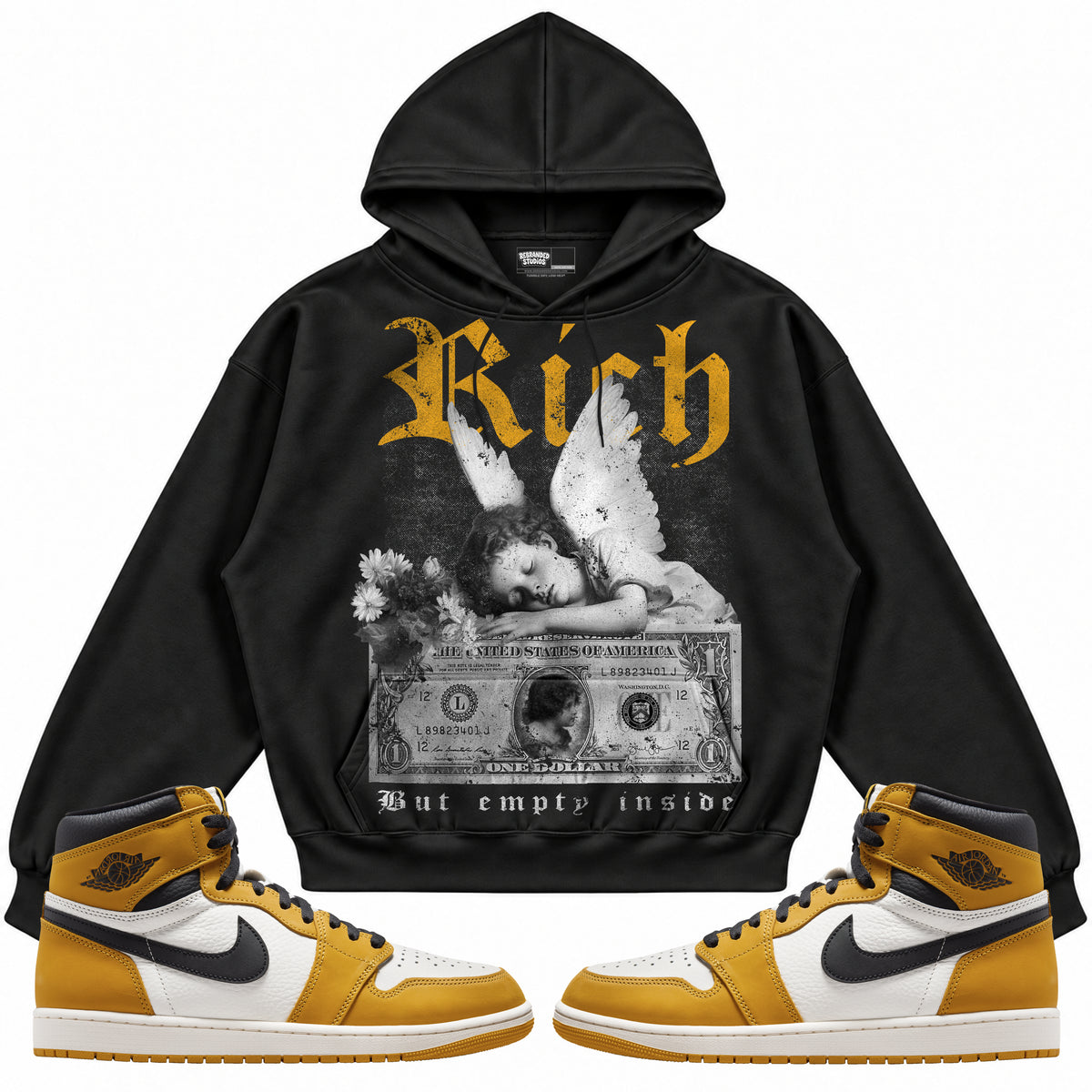 Rebranded Studios apparel — front styled with matching sneakers