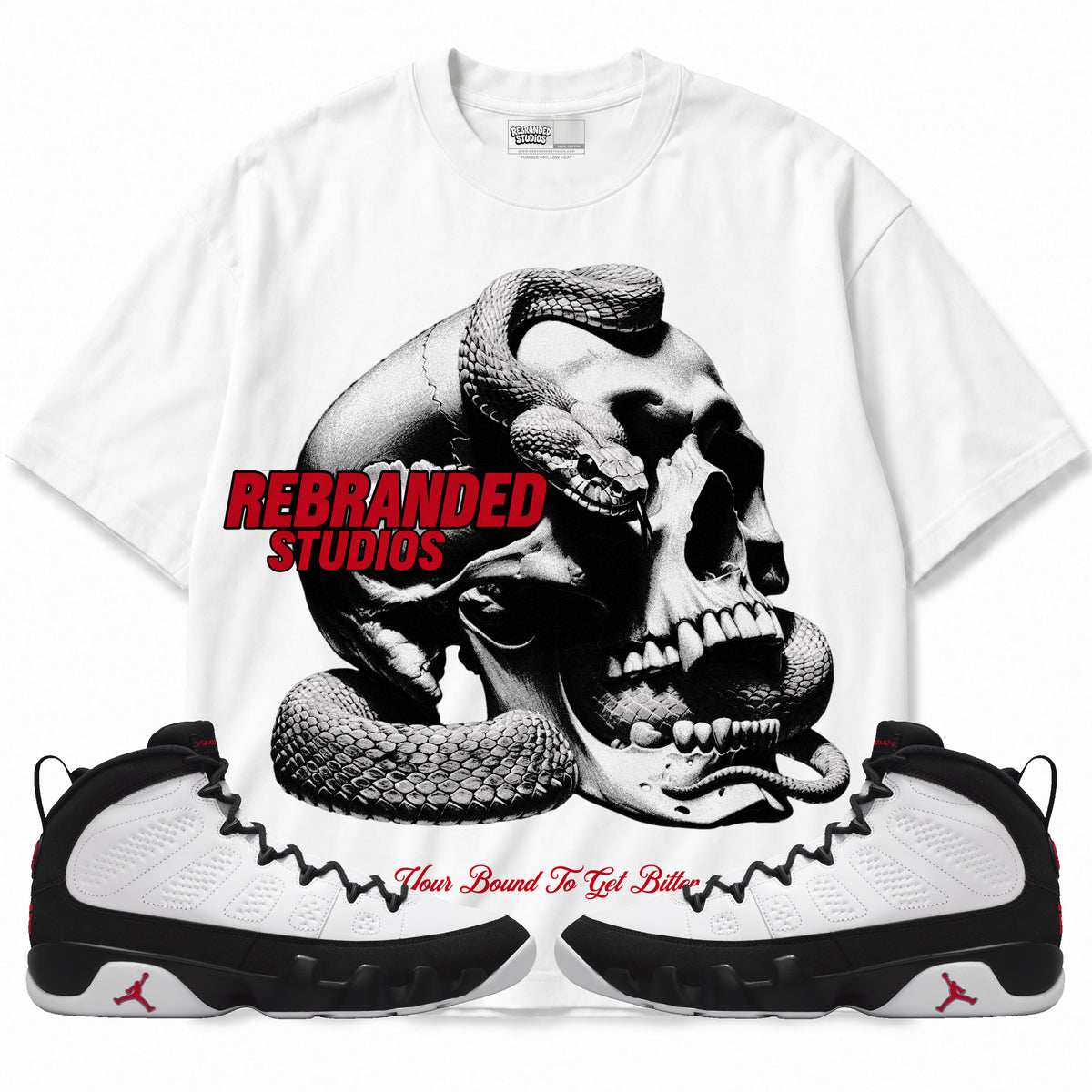 Rebranded Studios apparel — front styled with matching sneakers
