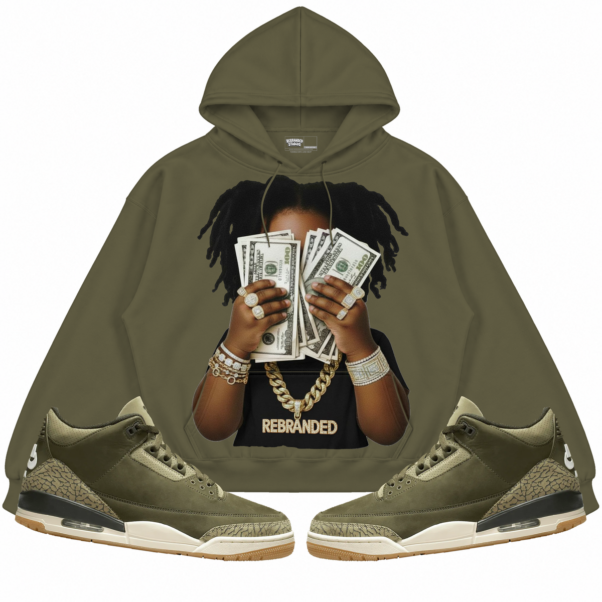 Rebranded Studios apparel — front styled with matching sneakers