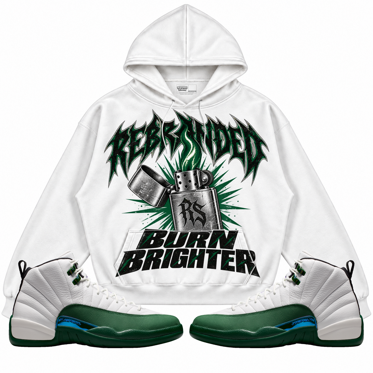 Rebranded Studios apparel — front styled with matching sneakers