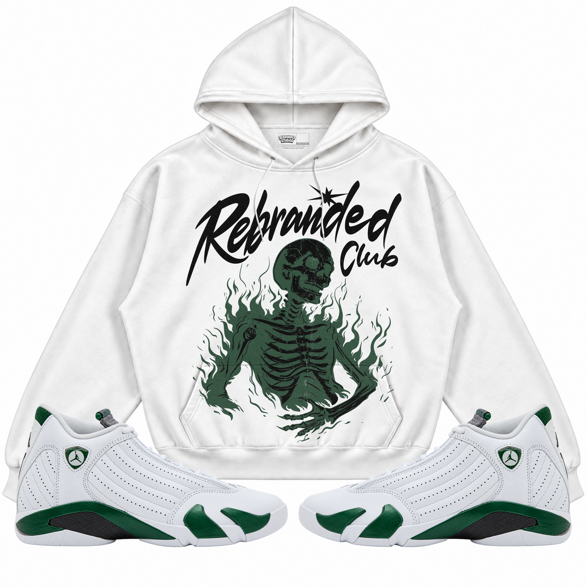 Rebranded Studios apparel — front styled with matching sneakers