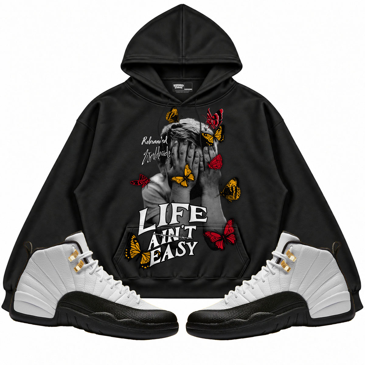 Rebranded Studios apparel — front styled with matching sneakers