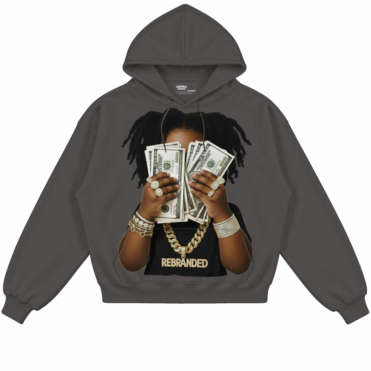 Rebranded Studios apparel — front without sneakers
