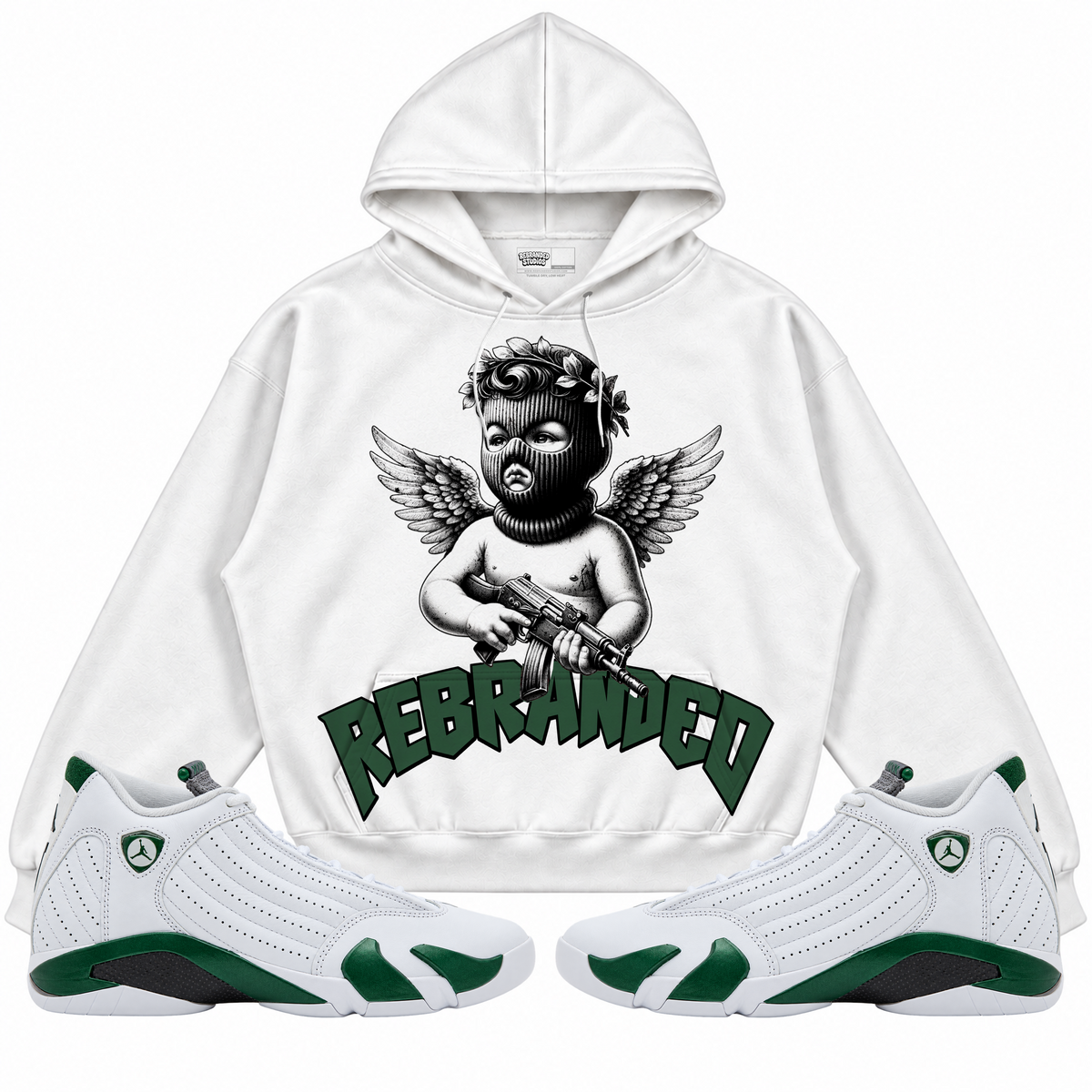 Rebranded Studios apparel — front styled with matching sneakers