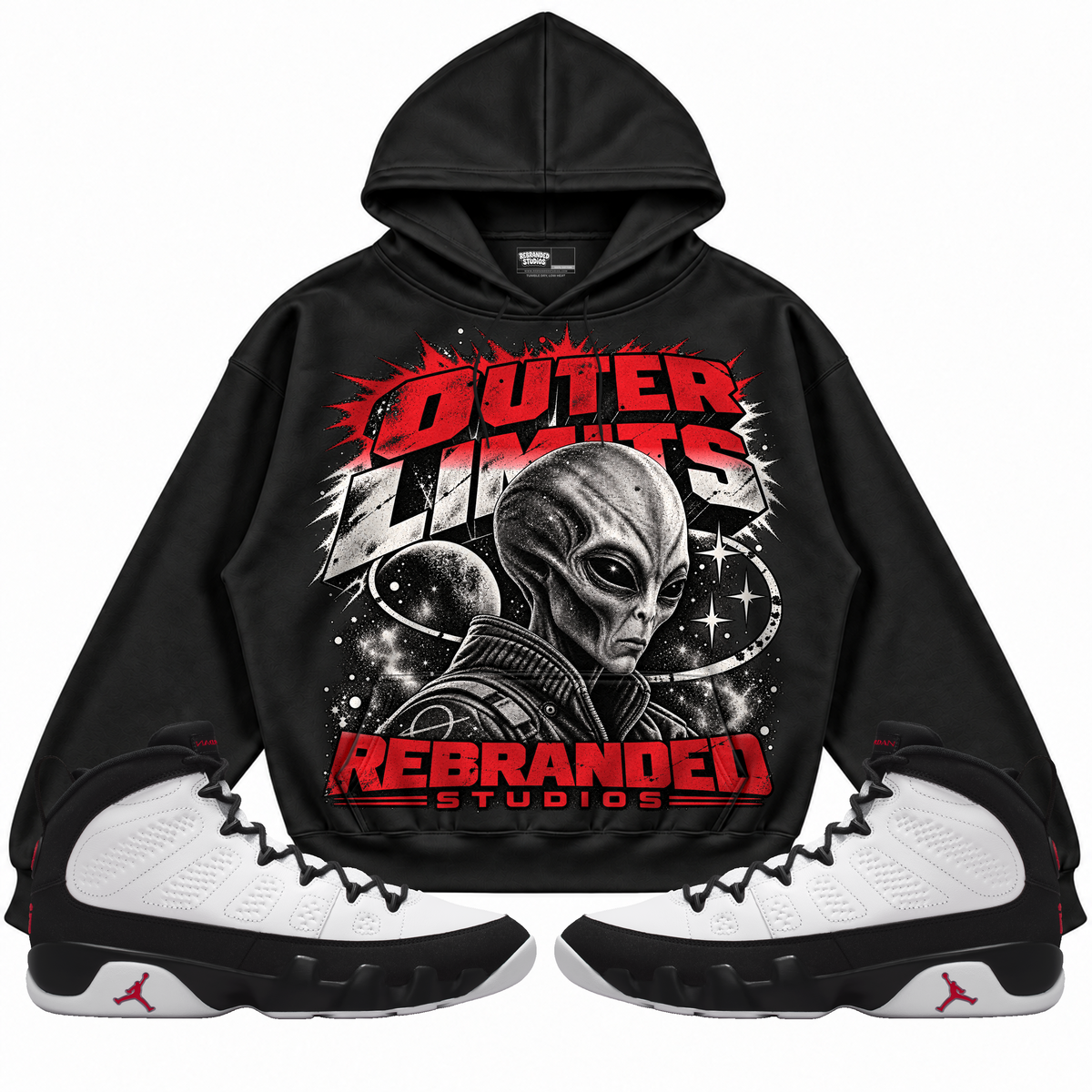 Rebranded Studios apparel — front styled with matching sneakers