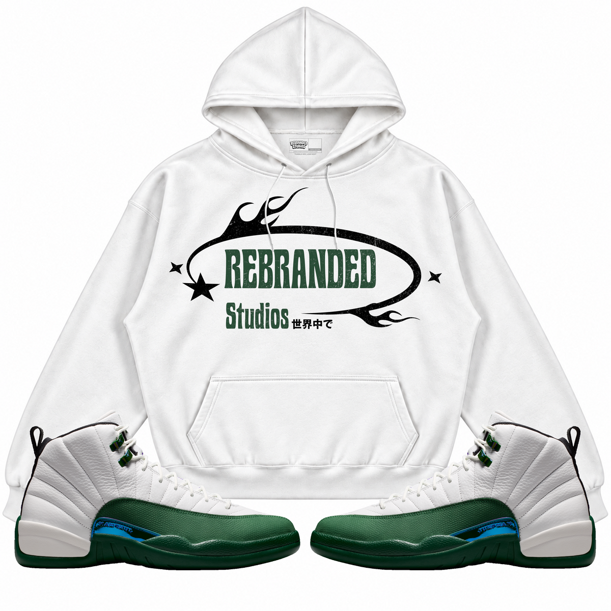 Rebranded Studios apparel — front styled with matching sneakers