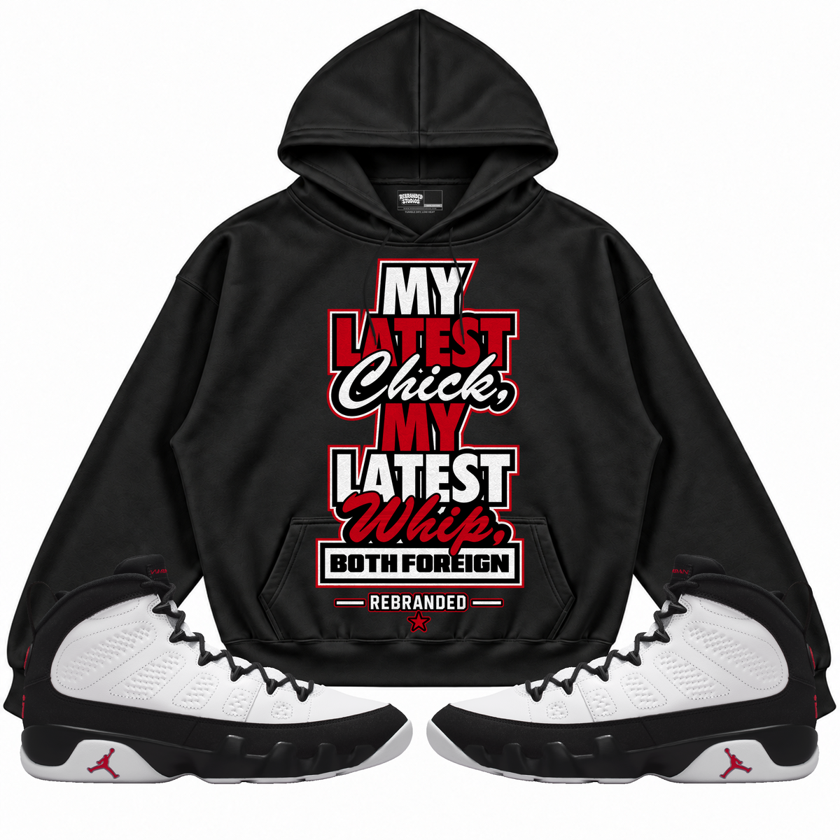 Rebranded Studios apparel — front styled with matching sneakers