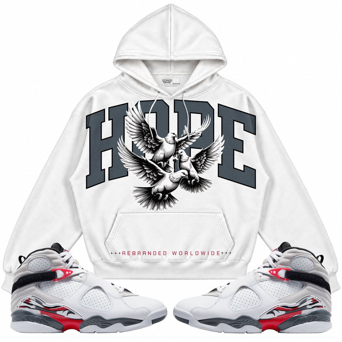Rebranded Studios apparel — front styled with matching sneakers