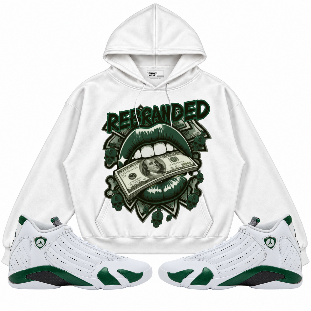 Rebranded Studios apparel — front styled with matching sneakers