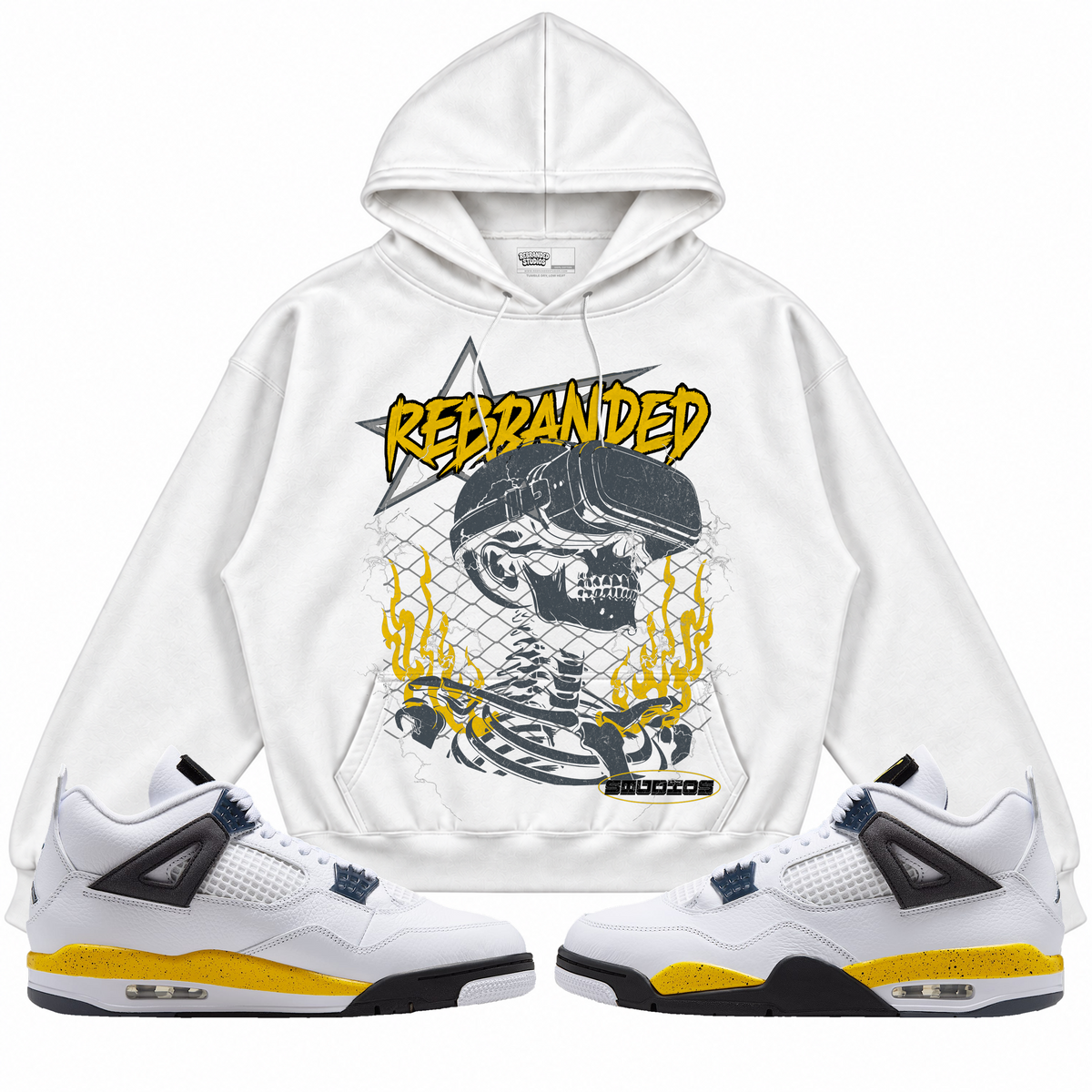 Rebranded Studios apparel — front styled with matching sneakers