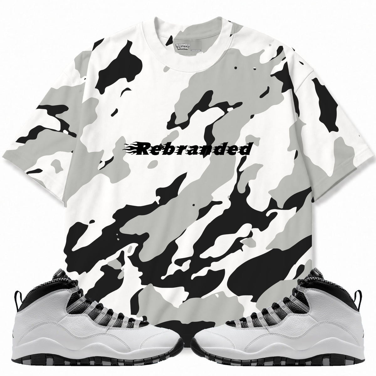 Rebranded Studios apparel — front styled with matching sneakers