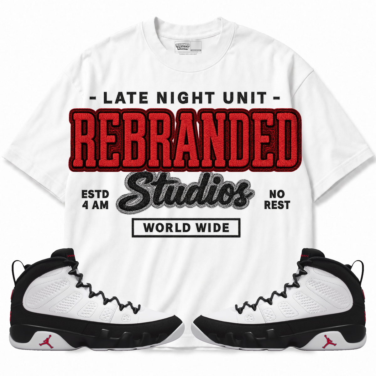 Rebranded Studios apparel — front styled with matching sneakers