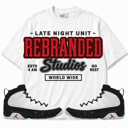 Rebranded Studios apparel — front styled with matching sneakers