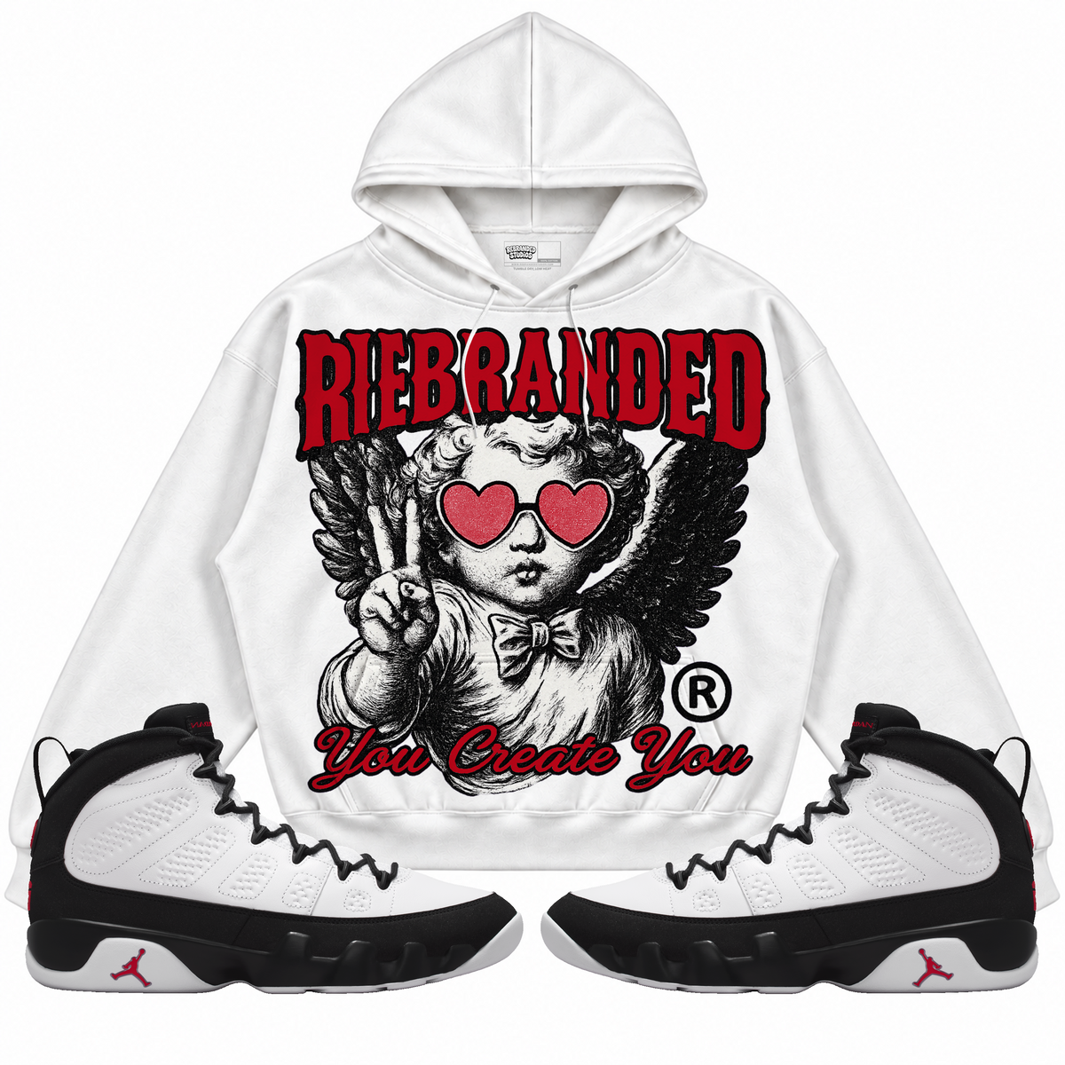 Rebranded Studios apparel — front styled with matching sneakers