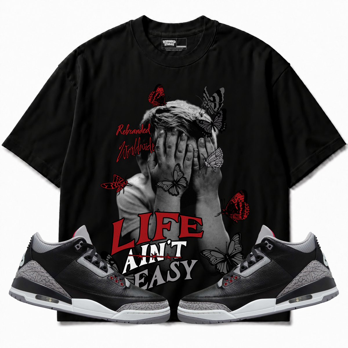 Rebranded Studios apparel — front styled with matching sneakers