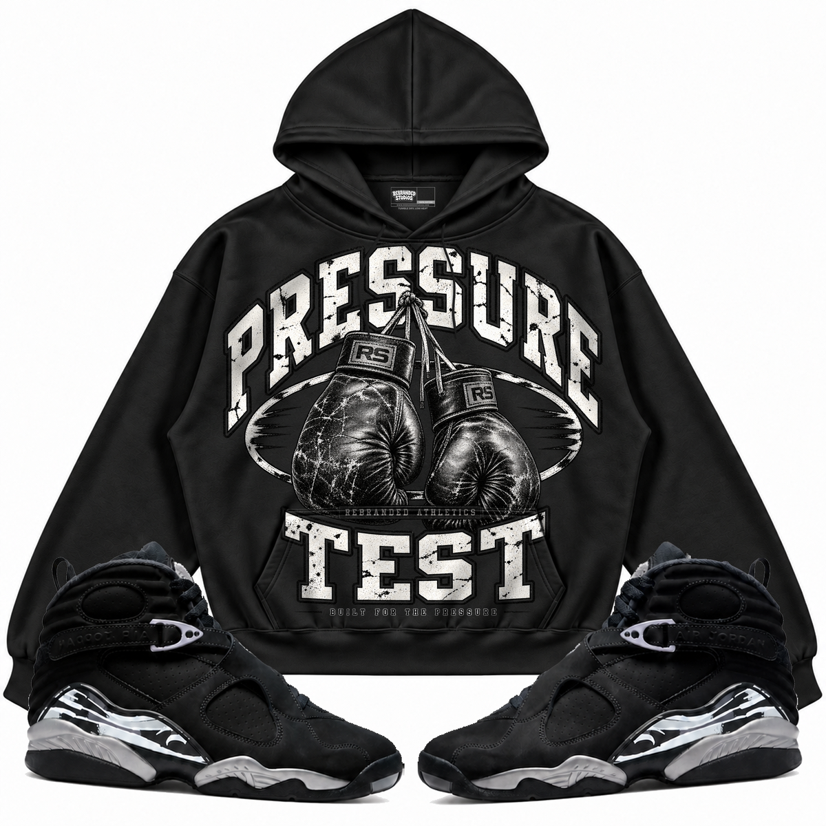 Rebranded Studios apparel — front styled with matching sneakers