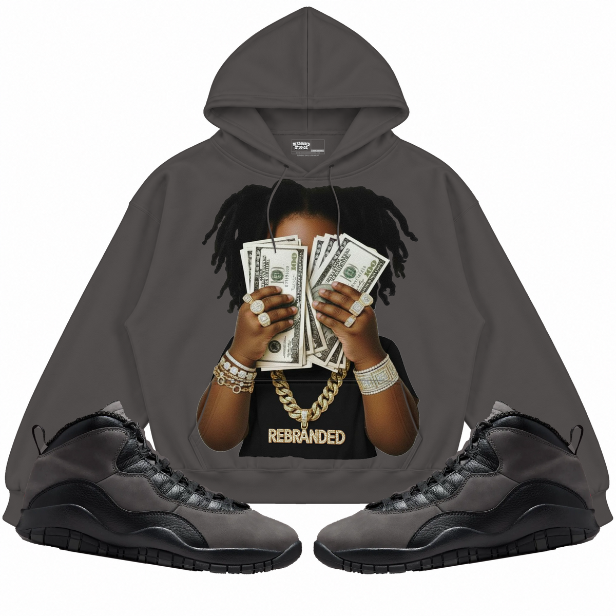 Rebranded Studios apparel — front styled with matching sneakers