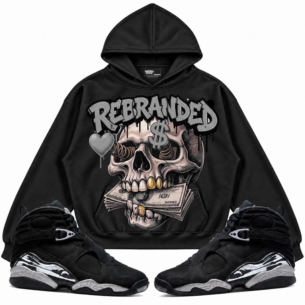 Rebranded Studios apparel — front styled with matching sneakers