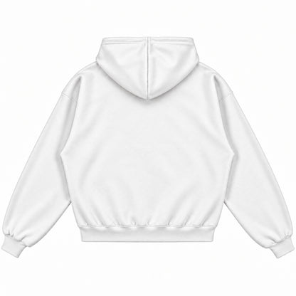 Rebranded Studios white hoodie — back without sneakers