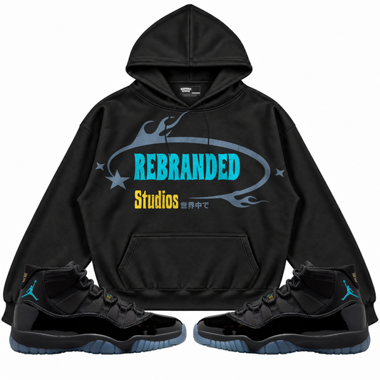 Rebranded Studios apparel — front styled with matching sneakers