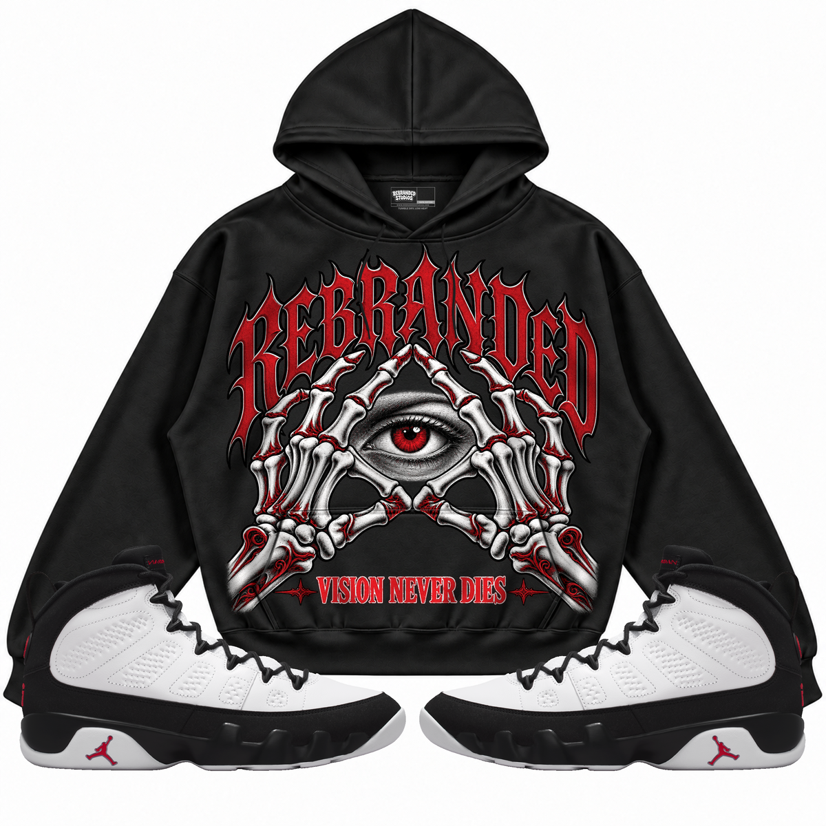 Rebranded Studios apparel — front styled with matching sneakers