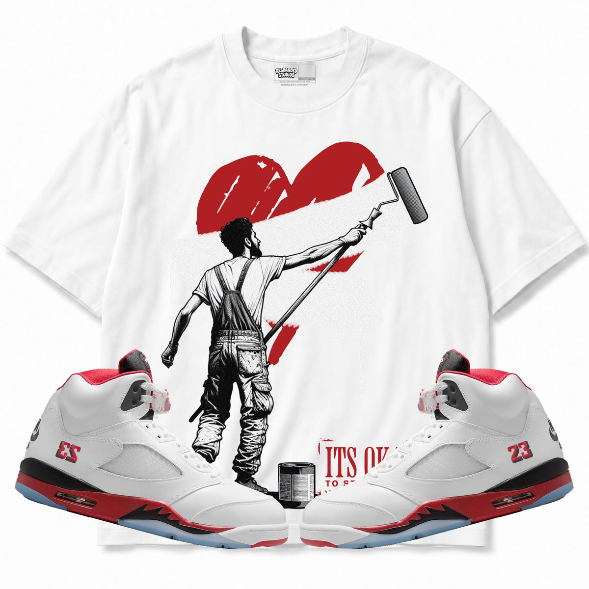 Rebranded Studios apparel — front styled with matching sneakers
