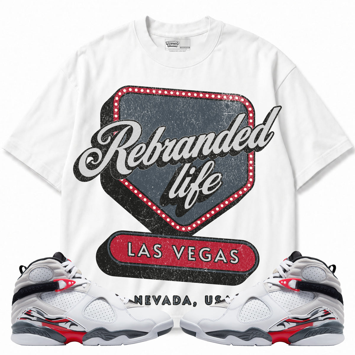 Rebranded Studios apparel — front styled with matching sneakers