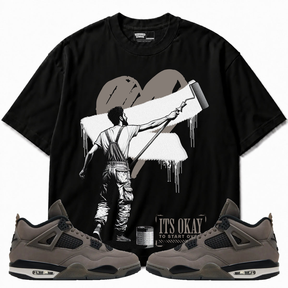 Rebranded Studios apparel — front styled with matching sneakers