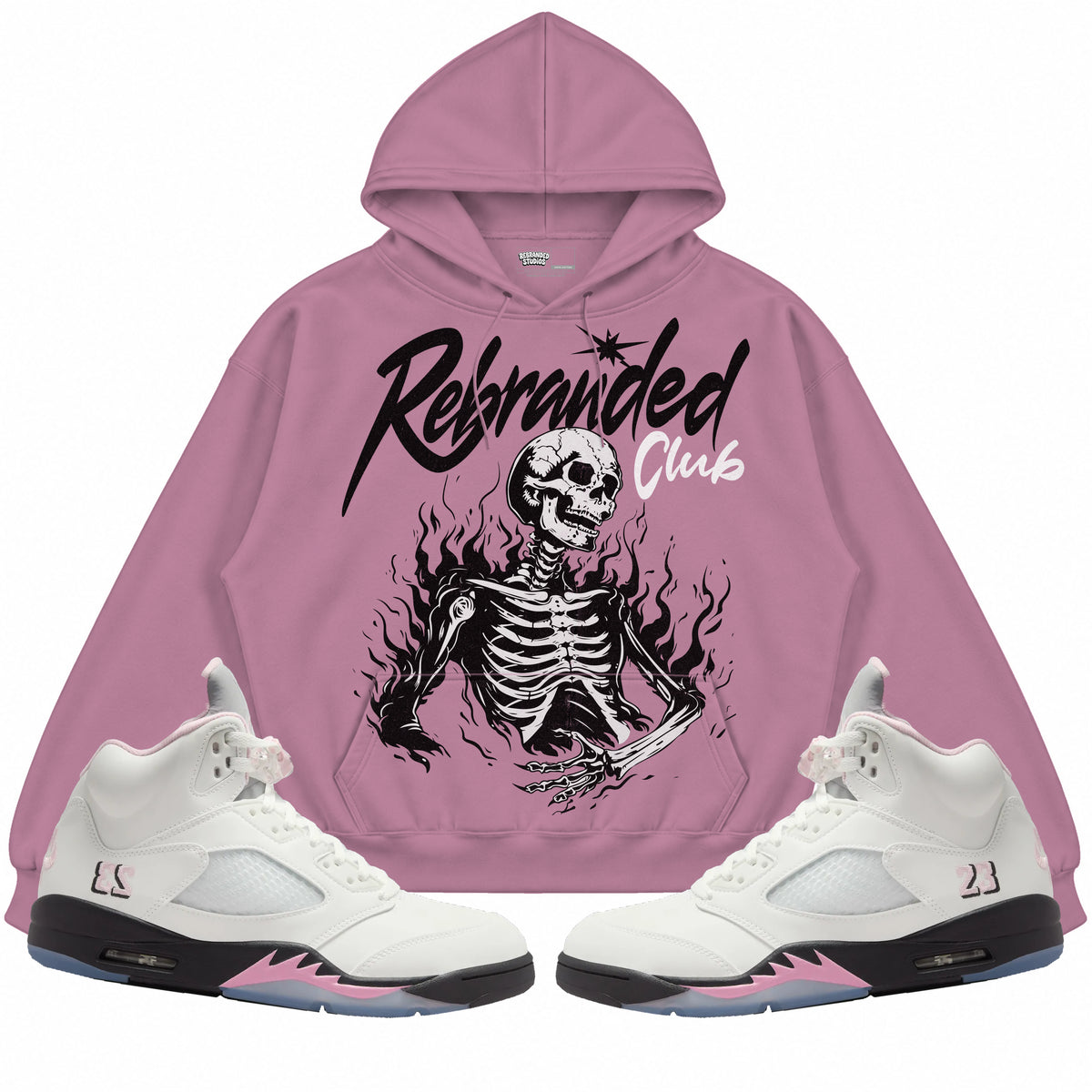 Rebranded Studios apparel — front styled with matching sneakers