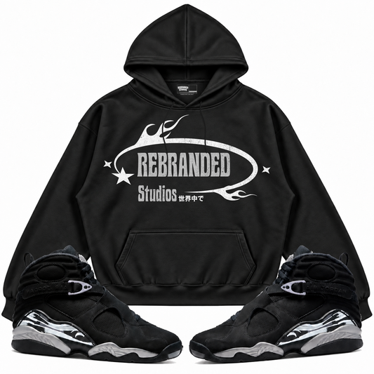 Rebranded Studios apparel — front styled with matching sneakers