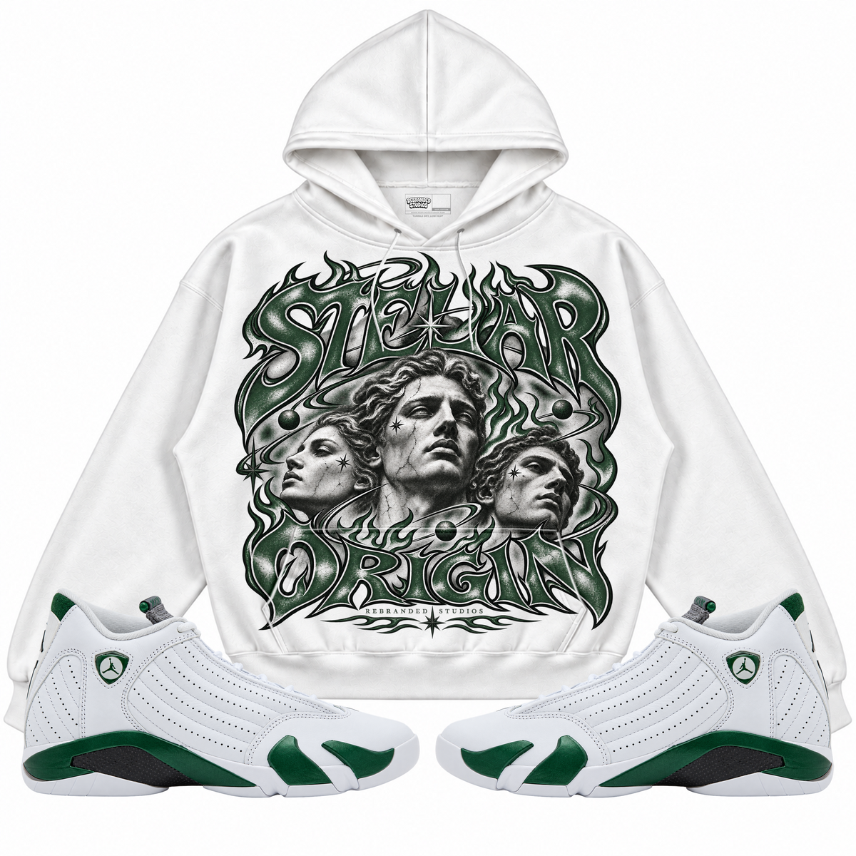 Rebranded Studios apparel — front styled with matching sneakers