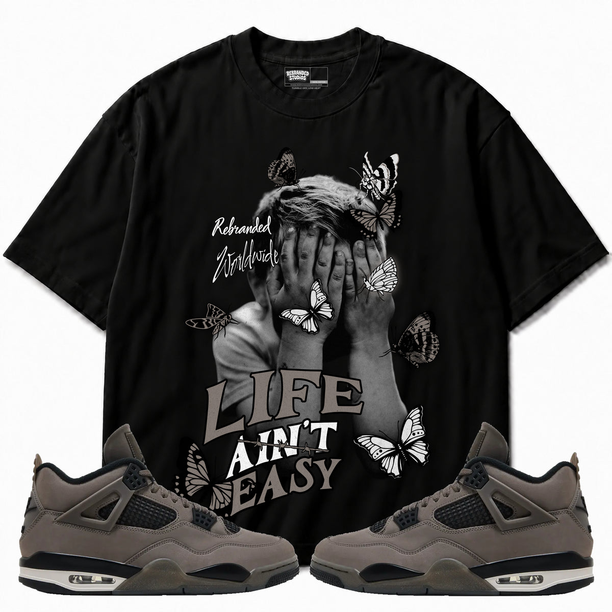 Rebranded Studios apparel — front styled with matching sneakers