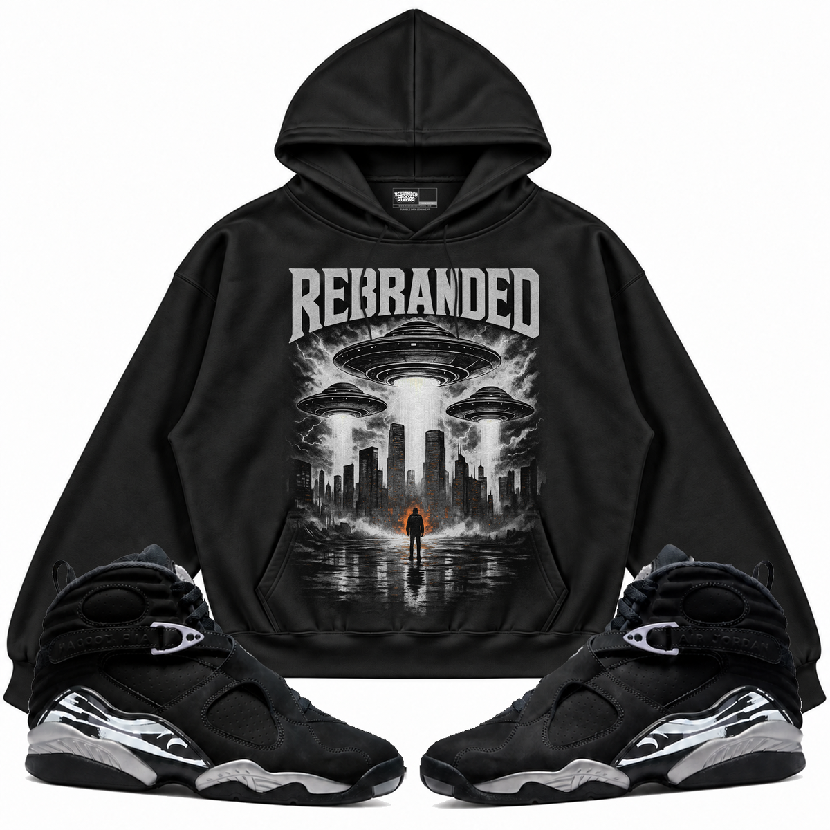 Rebranded Studios apparel — front styled with matching sneakers