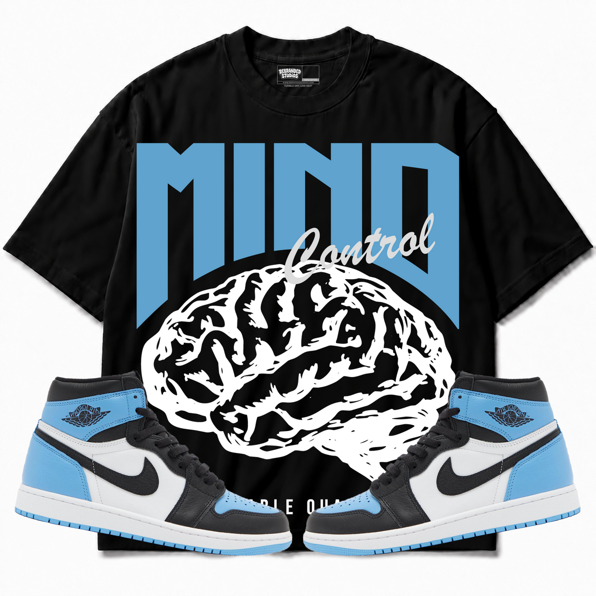 Rebranded Studios apparel — front styled with matching sneakers