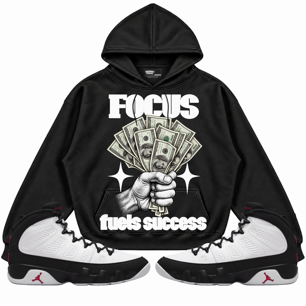 Rebranded Studios apparel — front styled with matching sneakers