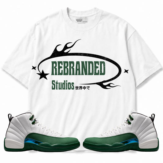 Rebranded Studios apparel — front styled with matching sneakers