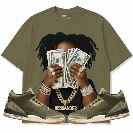 Rebranded Studios apparel — front styled with matching sneakers