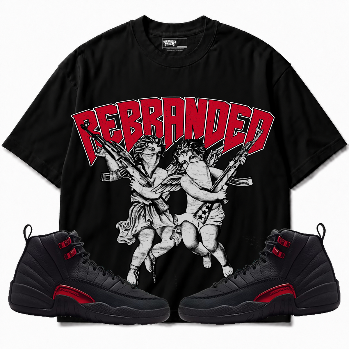 Rebranded Studios apparel — front styled with matching sneakers