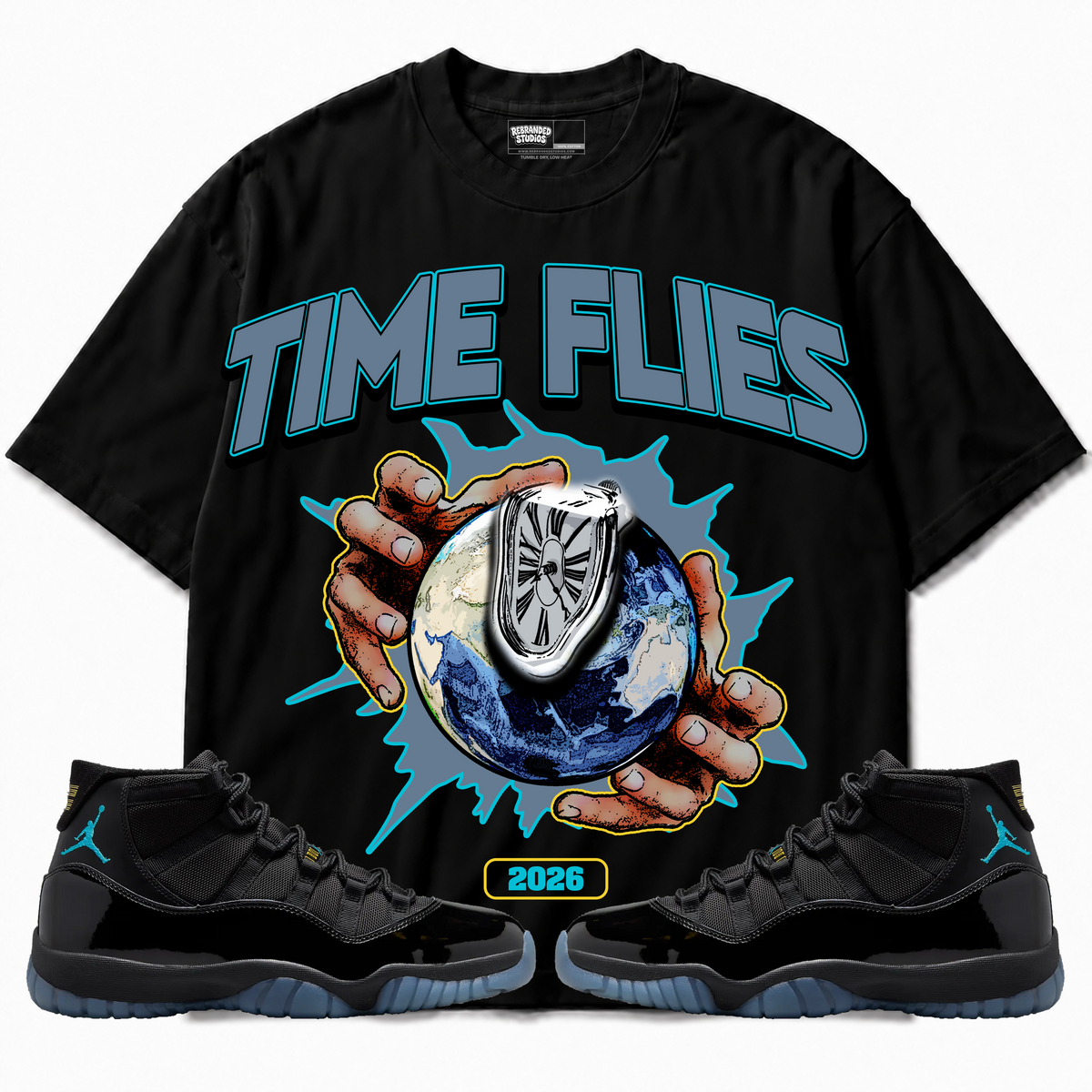 Rebranded Studios apparel — front styled with matching sneakers