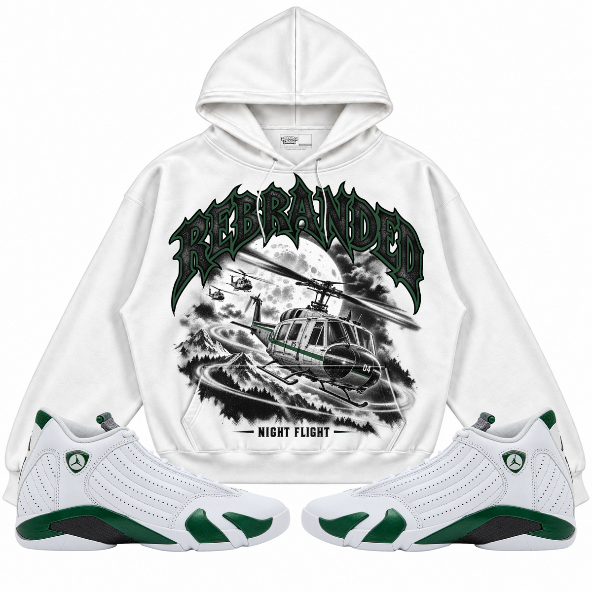 Rebranded Studios apparel — front styled with matching sneakers
